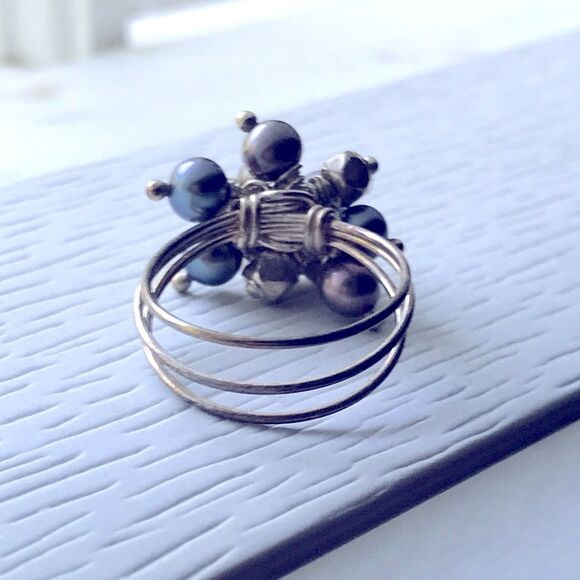 Freshwater Pearl Cluster Ring Beaded Wire Multi-band Boho Beachy Coastal Blue - Picture 5 of 7
